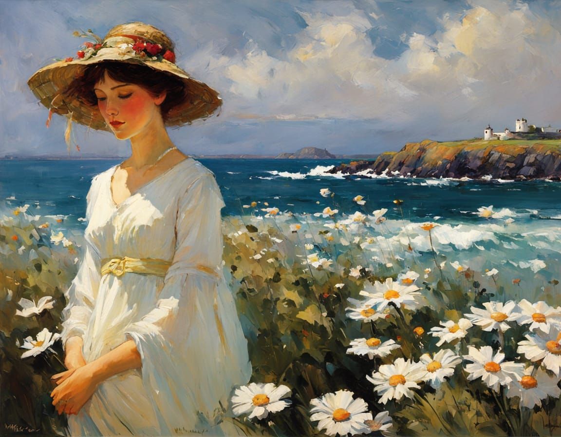 Daisies by the Sea: Oil Painting in Pre-Raphaelite Style
