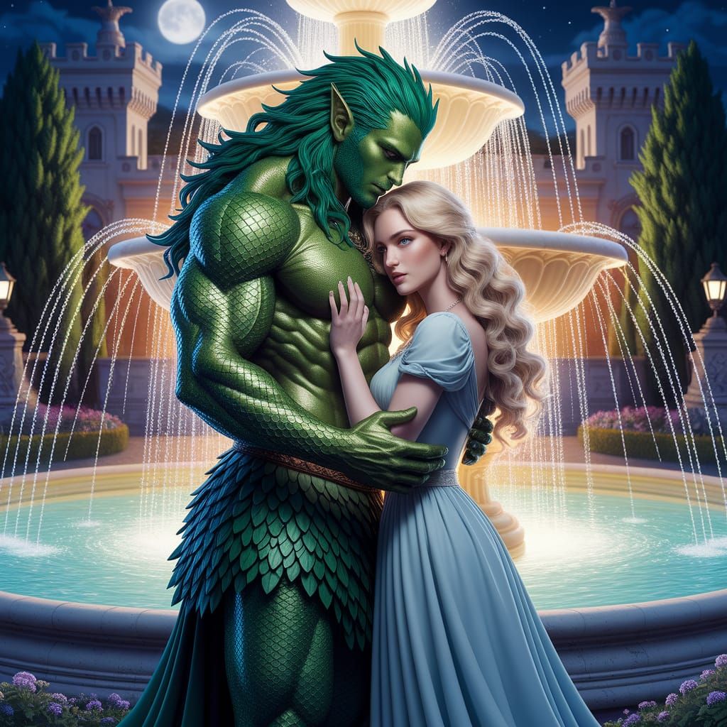 Emerald Embrace: Verdant Man and Blonde Woman by Fountain