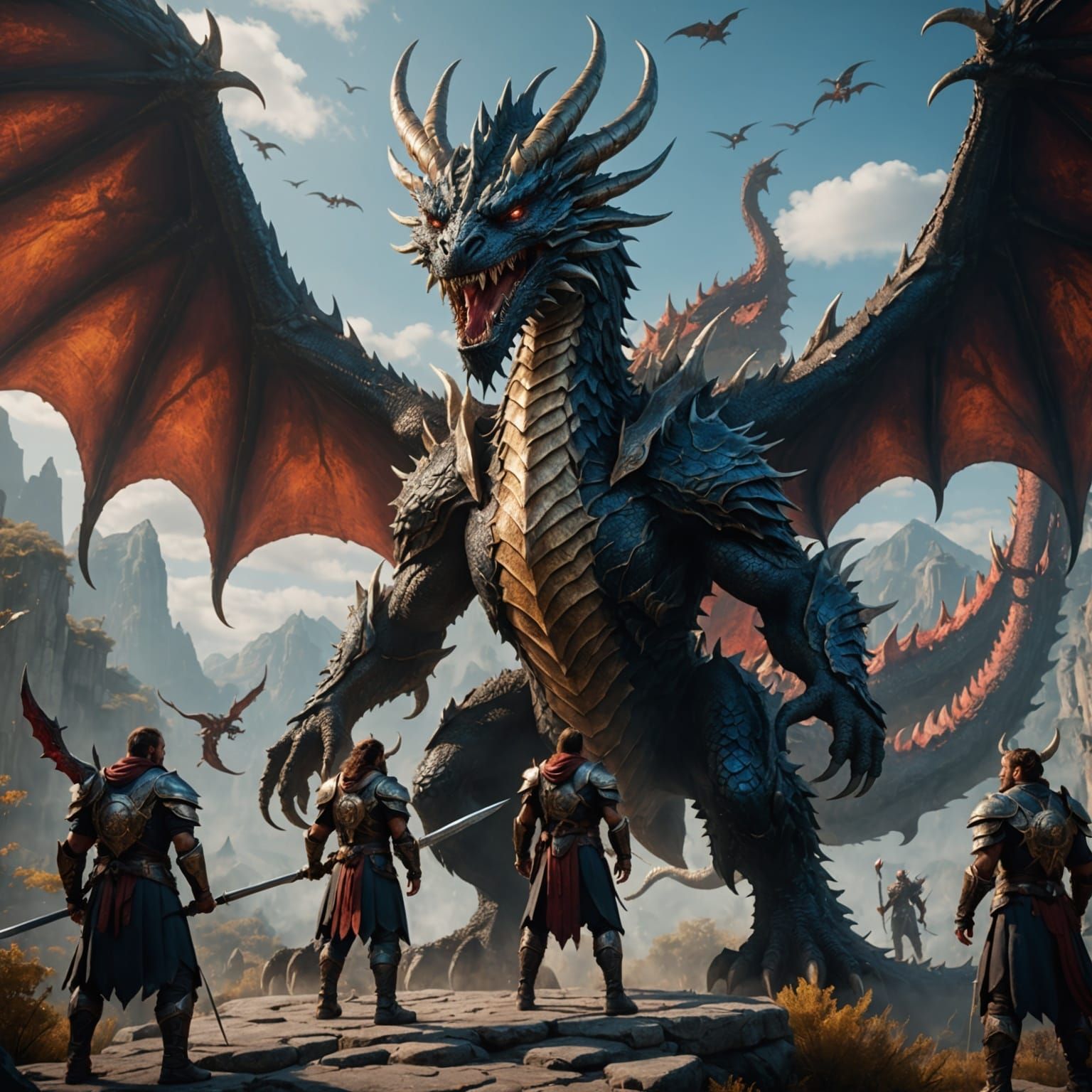 Winged Warrior Confronts Five-Headed Dragon