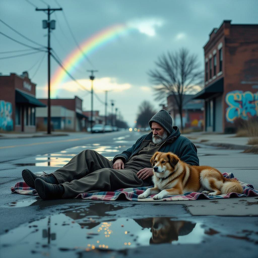 Homeless Man and Dog in Abandoned City
