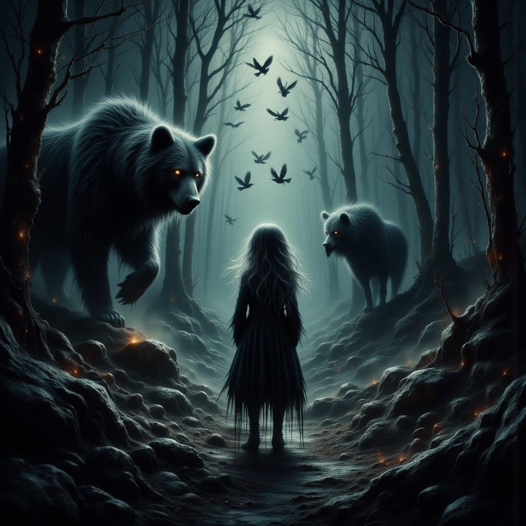 Ethereal Child in Gothic Forest Surrounded by Wildlife