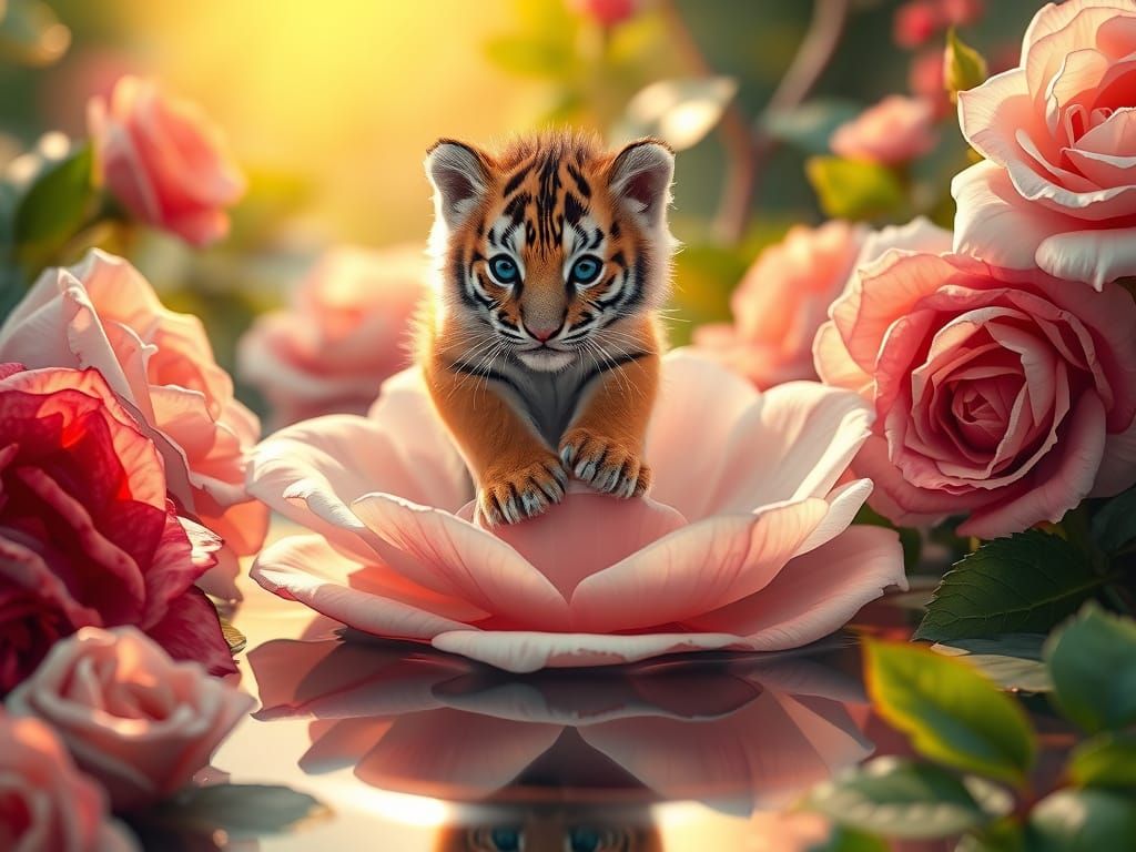 Tiny Tiger Cub on Delicate Rose Petal in Whimsical Afternoon...