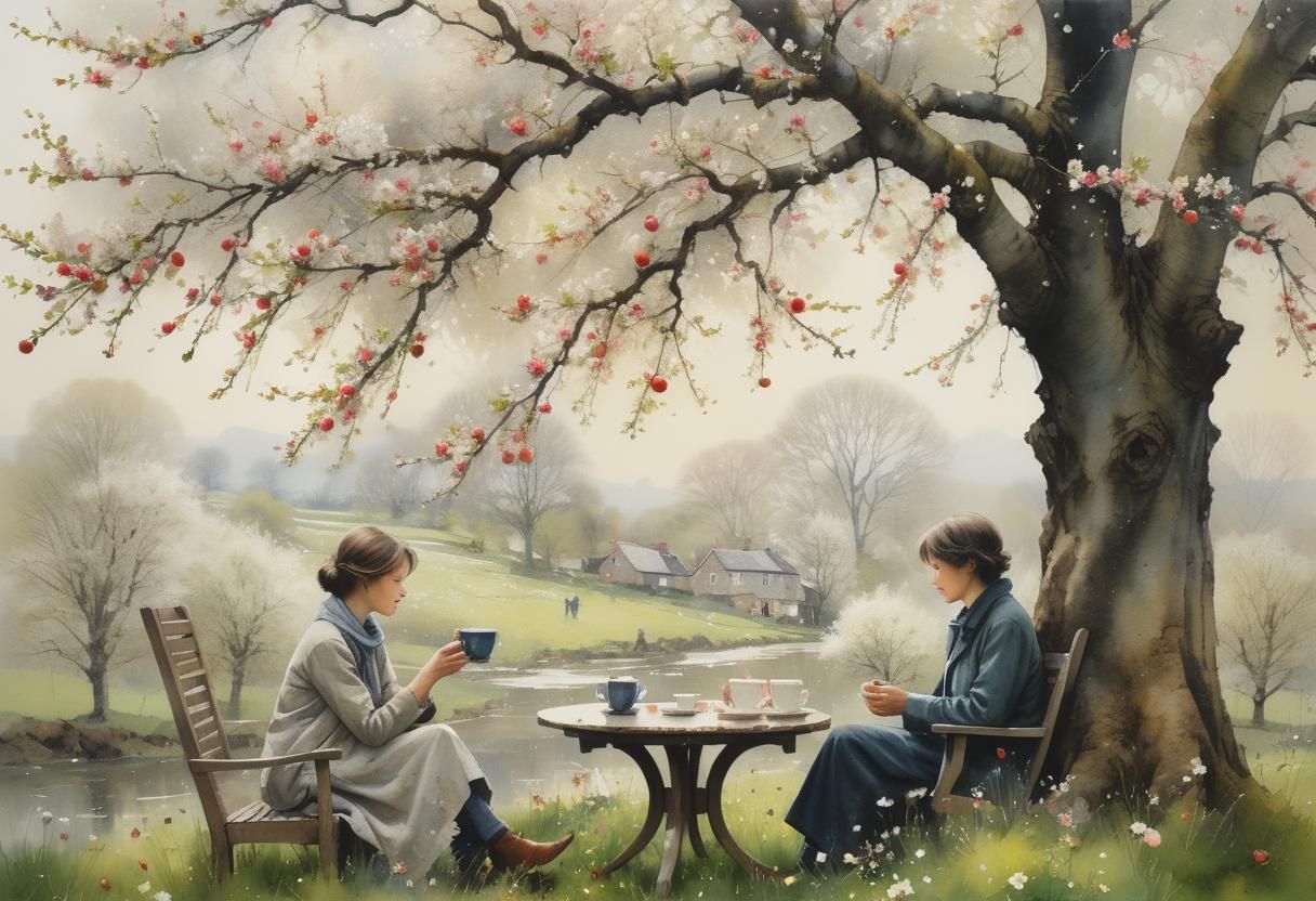 Coffee Under Apple Tree: Watercolor Painting