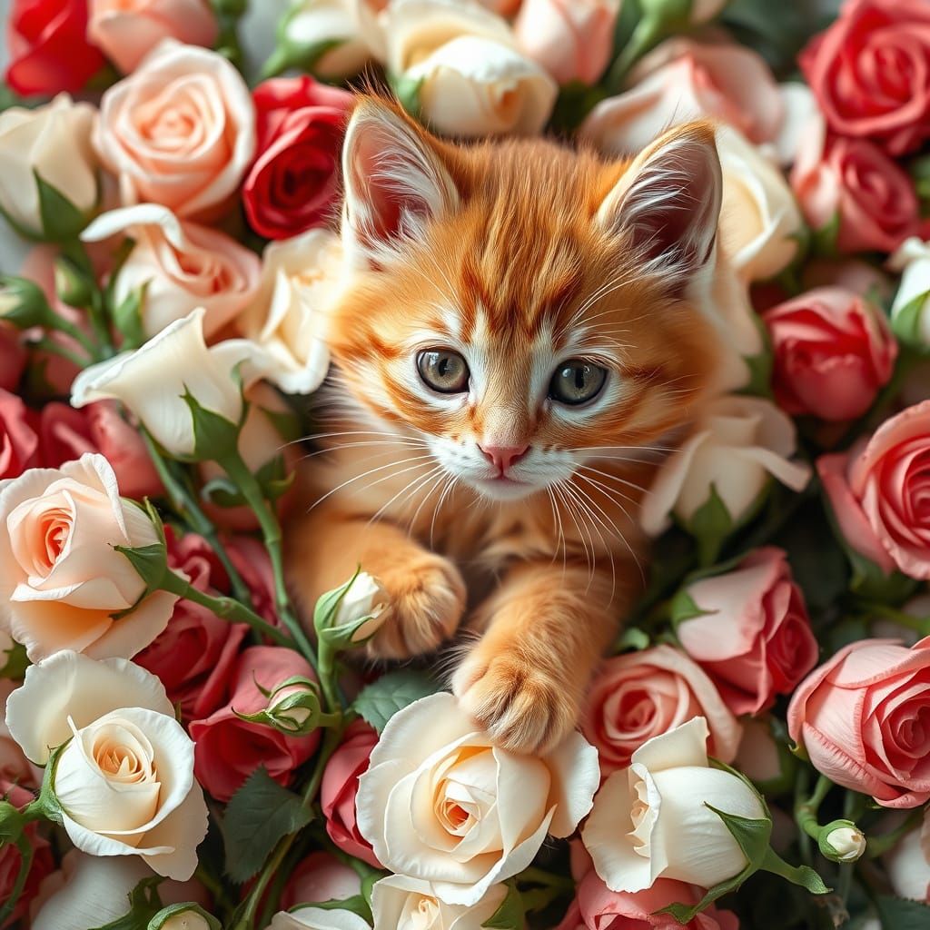 Whimsical Ginger Kitten Amidst Roses in Soft Focus Realism