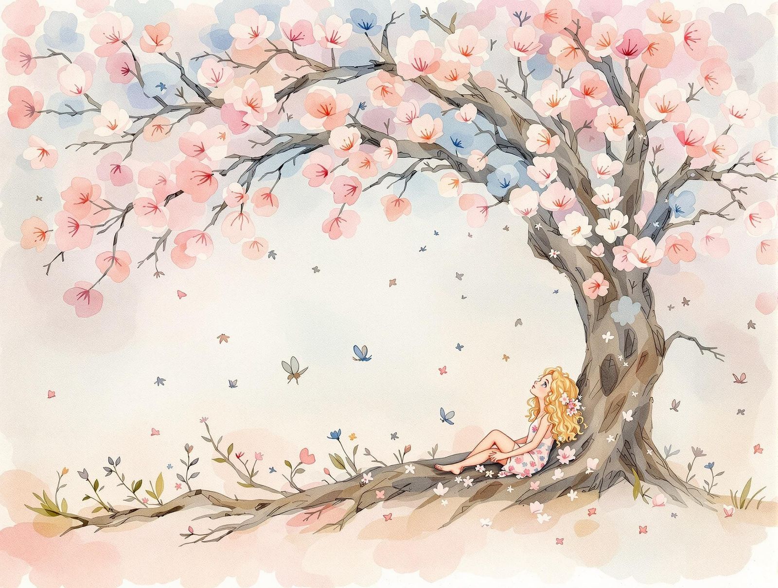A Young Girl's Whimsical Moment Under a Fantastical Flowerin...