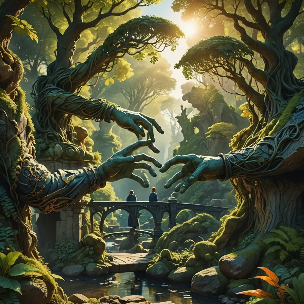 Monumental Stone Hands Bridge in Fantasy Landscape