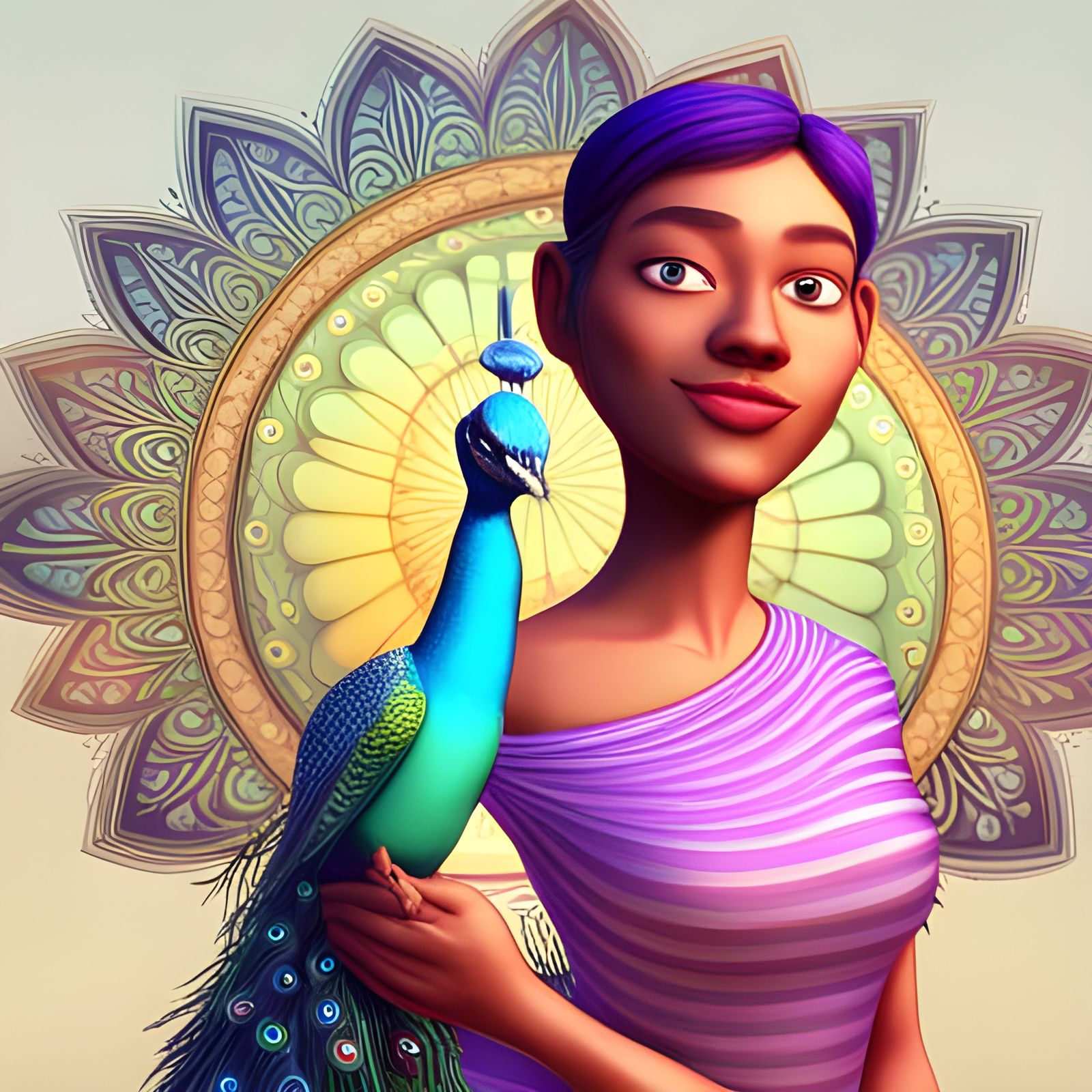 Animated Woman with Peacock Contemplates Love