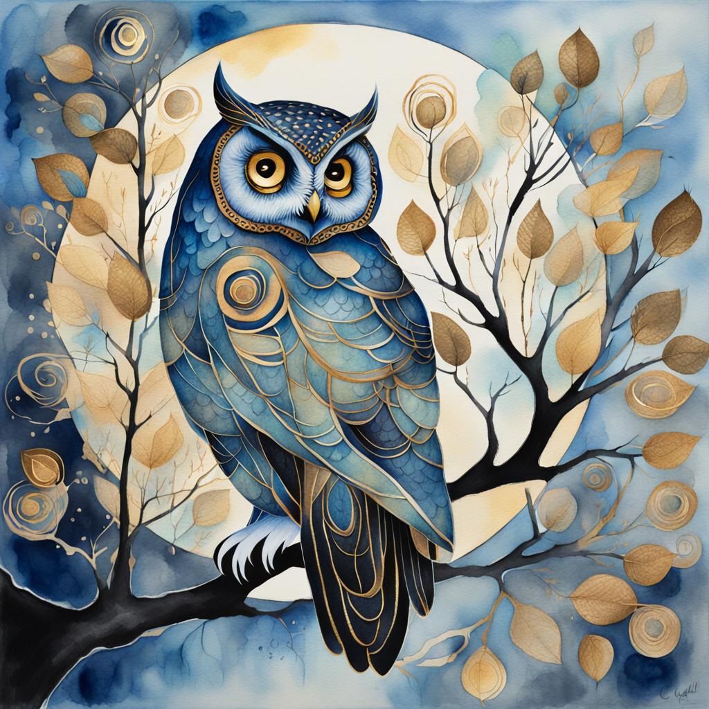 Surreal Owl with Golden Accents in Chagall Style