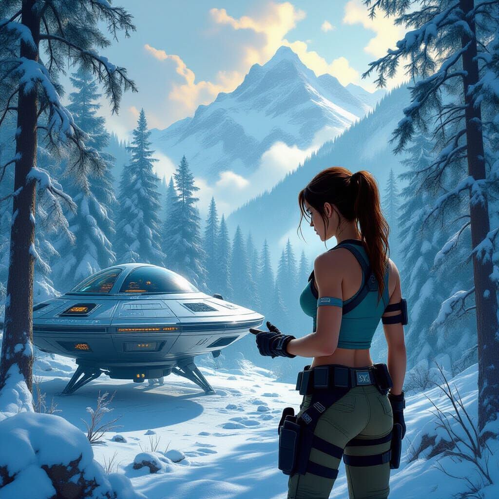 Lara Croft and UFO in Snow Forest, Digital Matte Painting