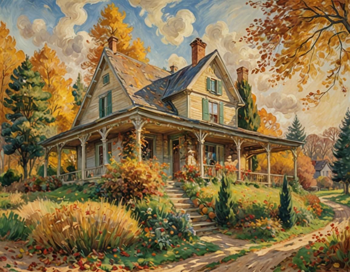 Autumn Landscape with Rural House in Impressionist Style