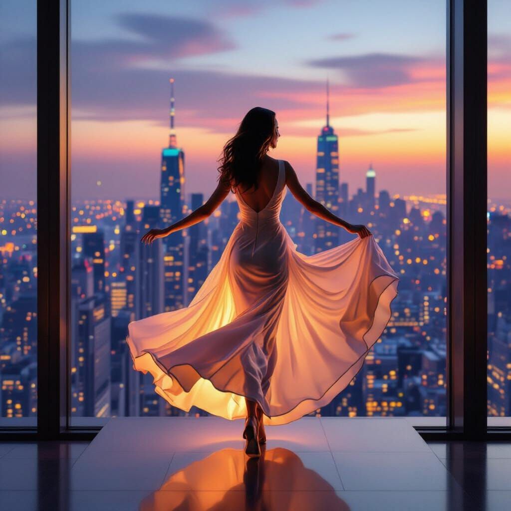 Woman Dancing in Office Overlooking City at Dusk