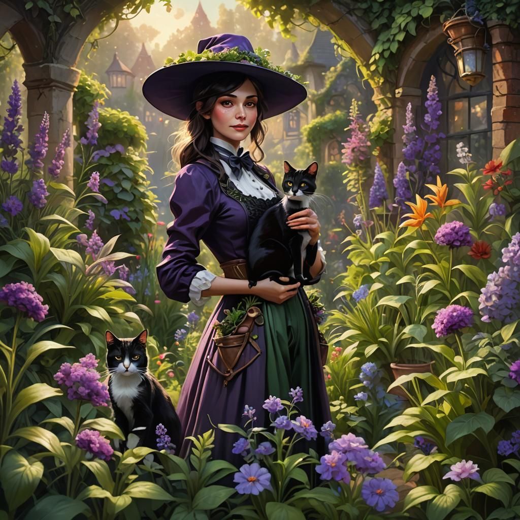 Garden Witch and Familiar in Oil Painting