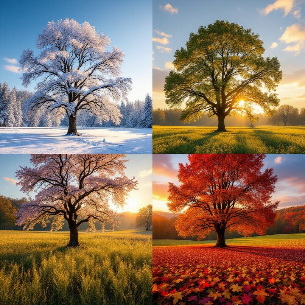 Four Seasons Majestic Trees in Sun-Drenched Field