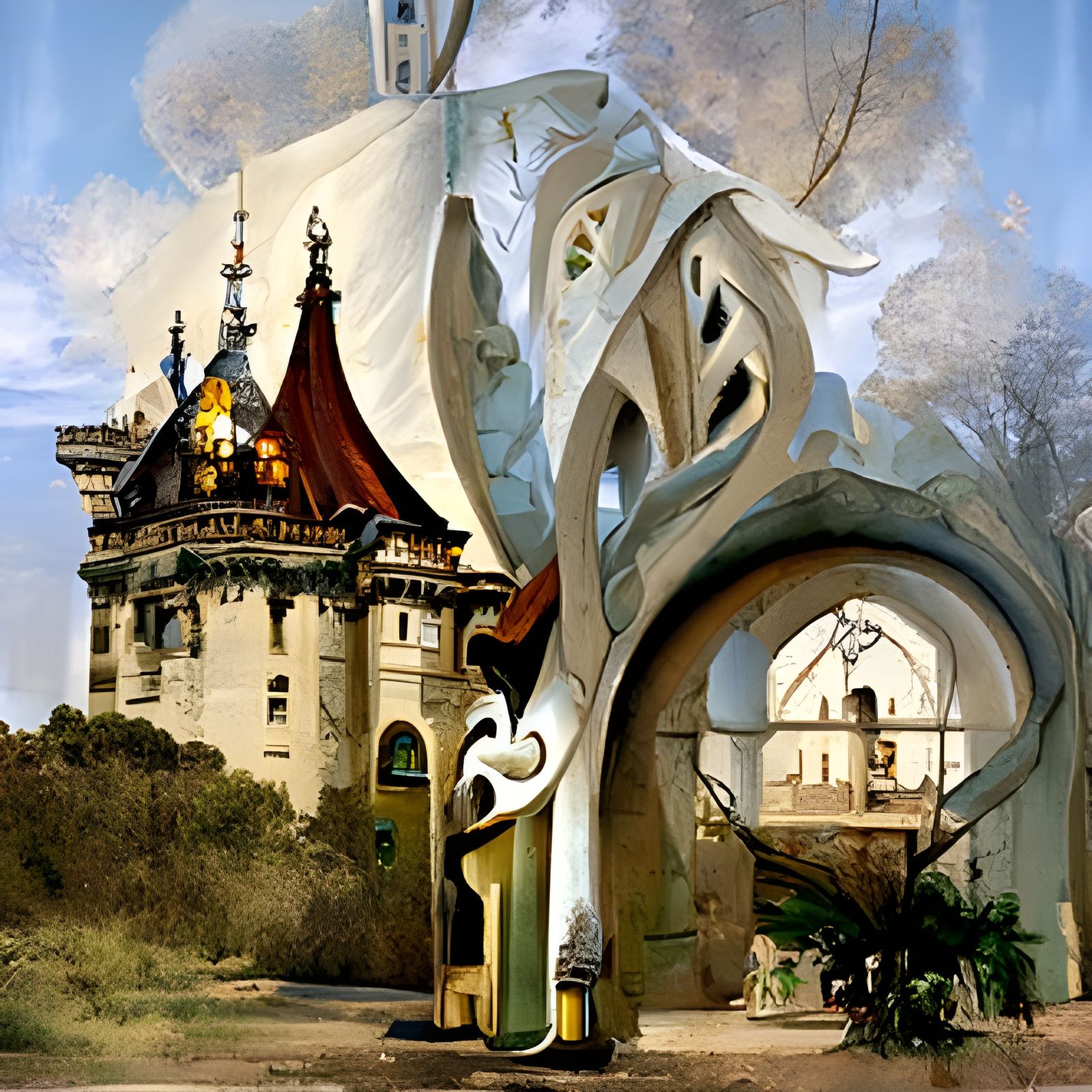 Surreal Castle with Twisted Spires in Art Nouveau Style