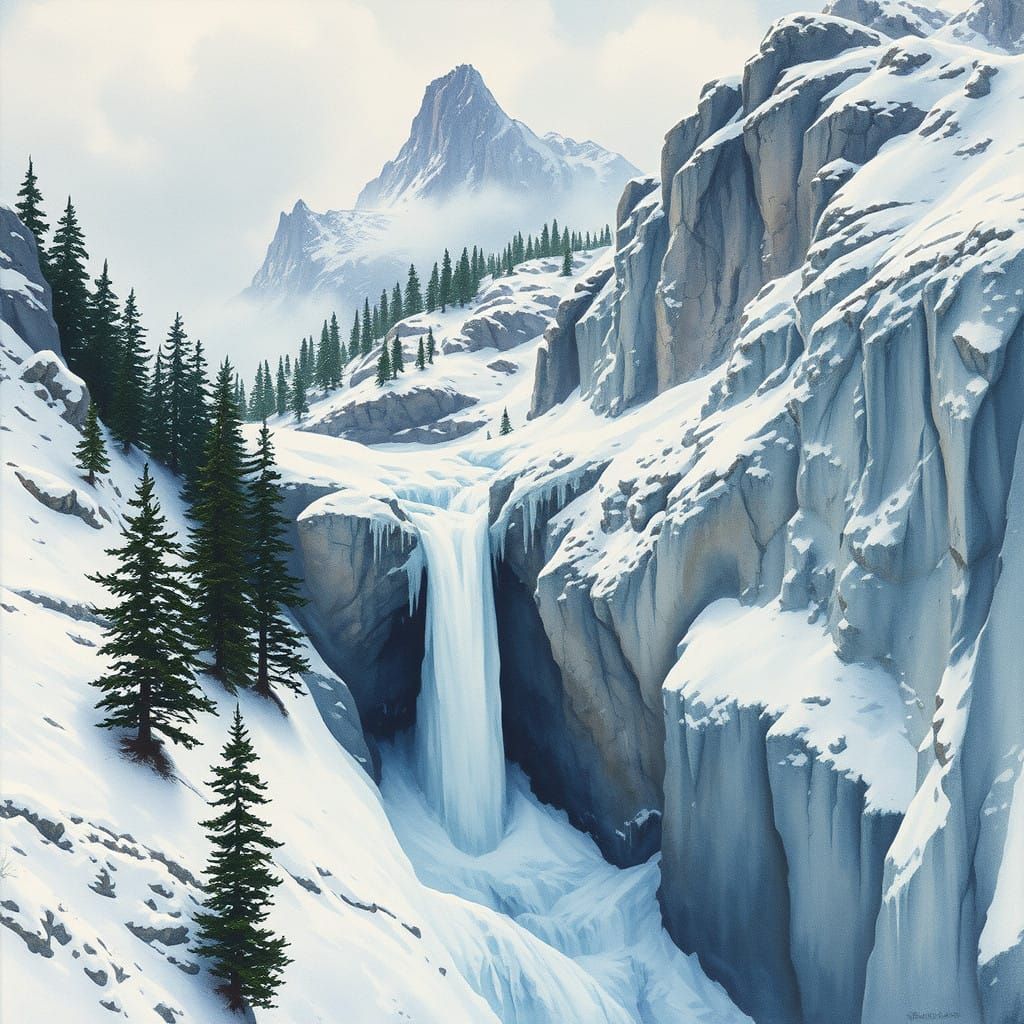 Serene Alpine Waterfall in Watercolor Style