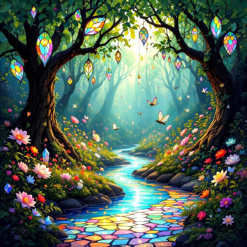 Bioluminescent Grove with Stained Glass, in Steampunk Surrea...