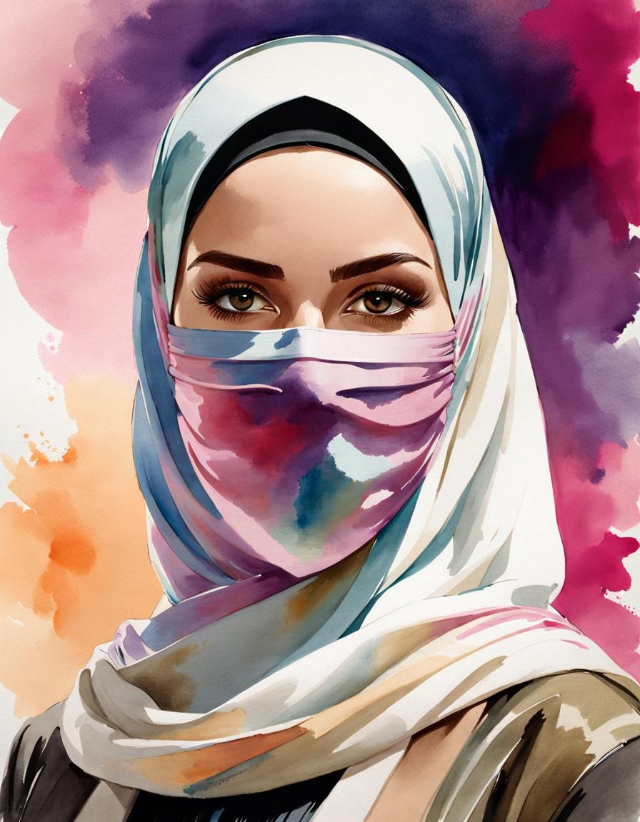 Watercolor Portrait of Woman in Hijab and Facemask