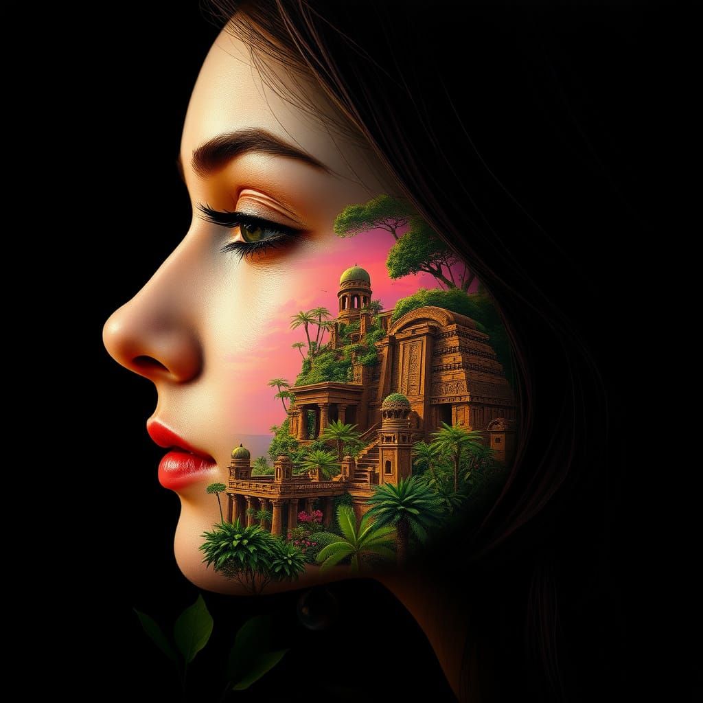 A stunning ultra-realistic digital illustration of a woman's side profile, delicately outlined against a black backgroun...