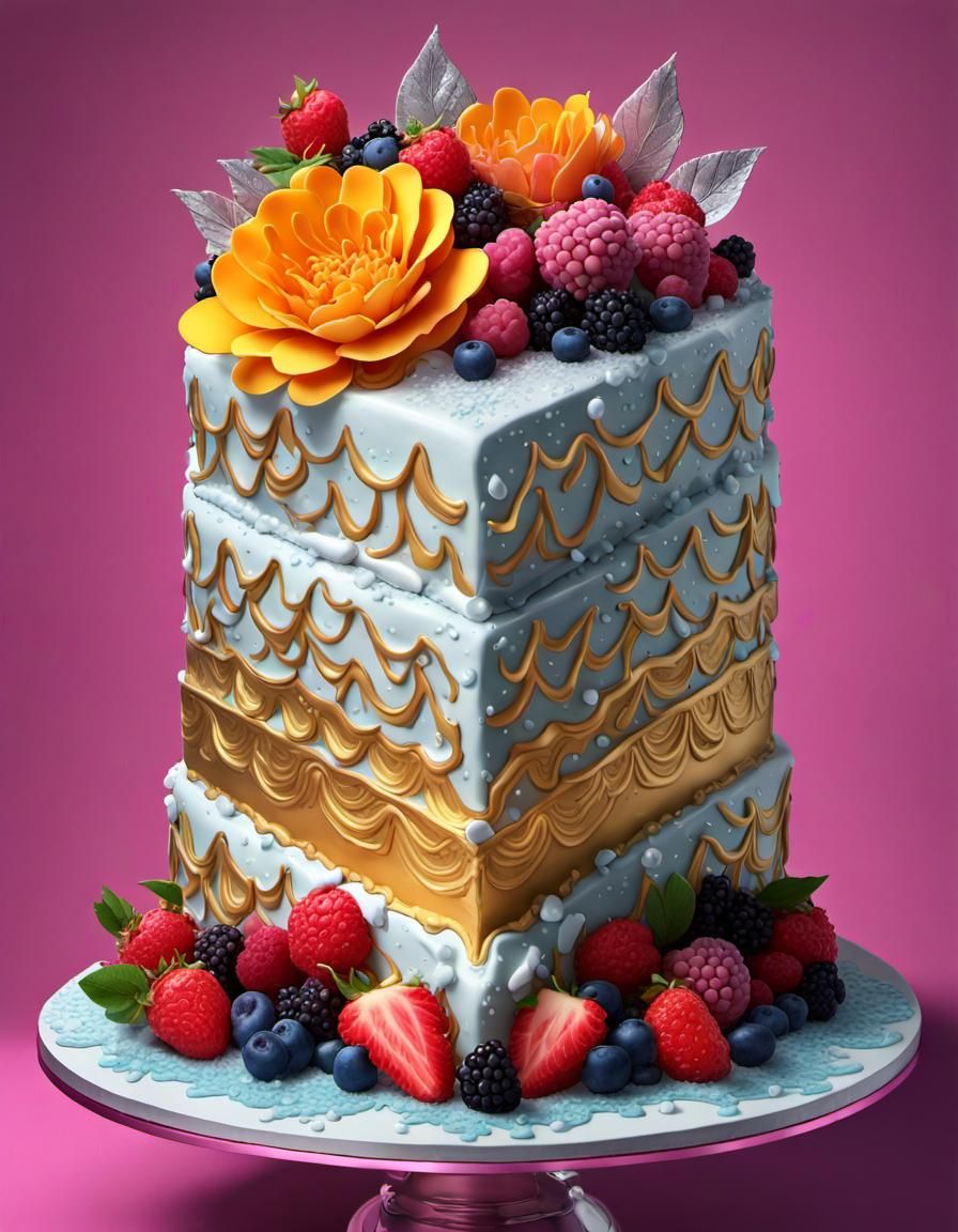 Extravagant Layered Cake with Floral Icing in Pop Art