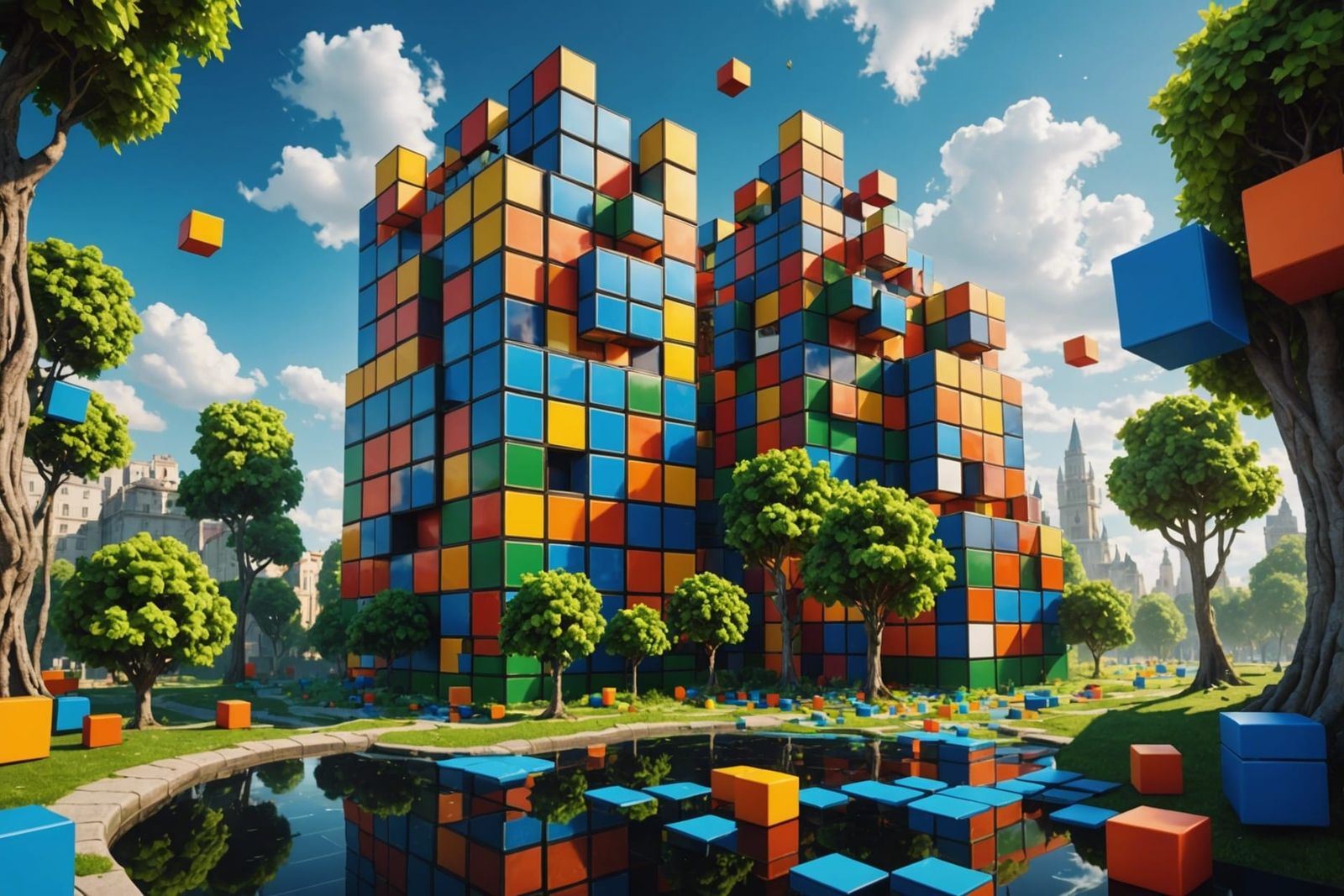 Magical City of Rubik's Cubes in Surrealist Style