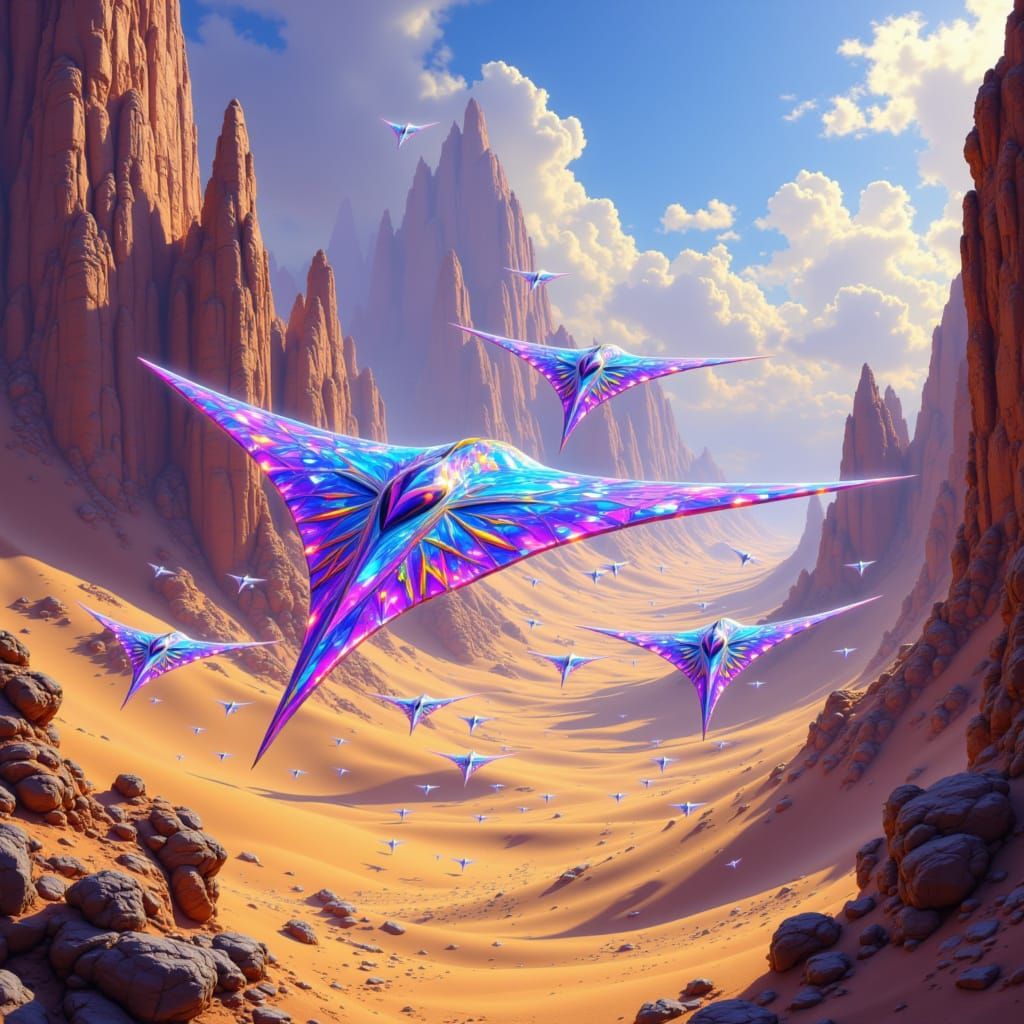 Crystal Skimmers Transport Gelfling Over Desert Landscape