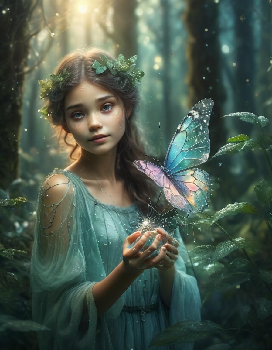 Forest Fairy Holding Spiderweb Butterfly: Watercolor Illustr...