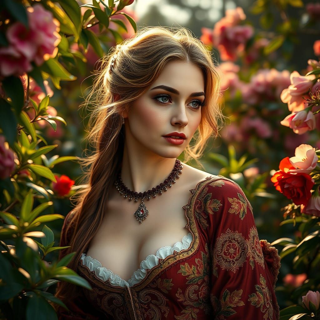 A Renaissance Beauty Contemplates in a Blooming Garden
