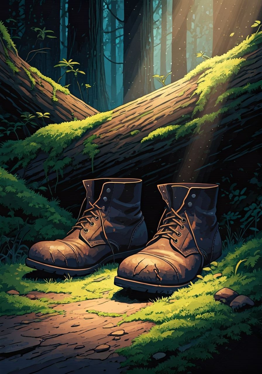Worn Leather Boots on Forest Floor in Abstract Style