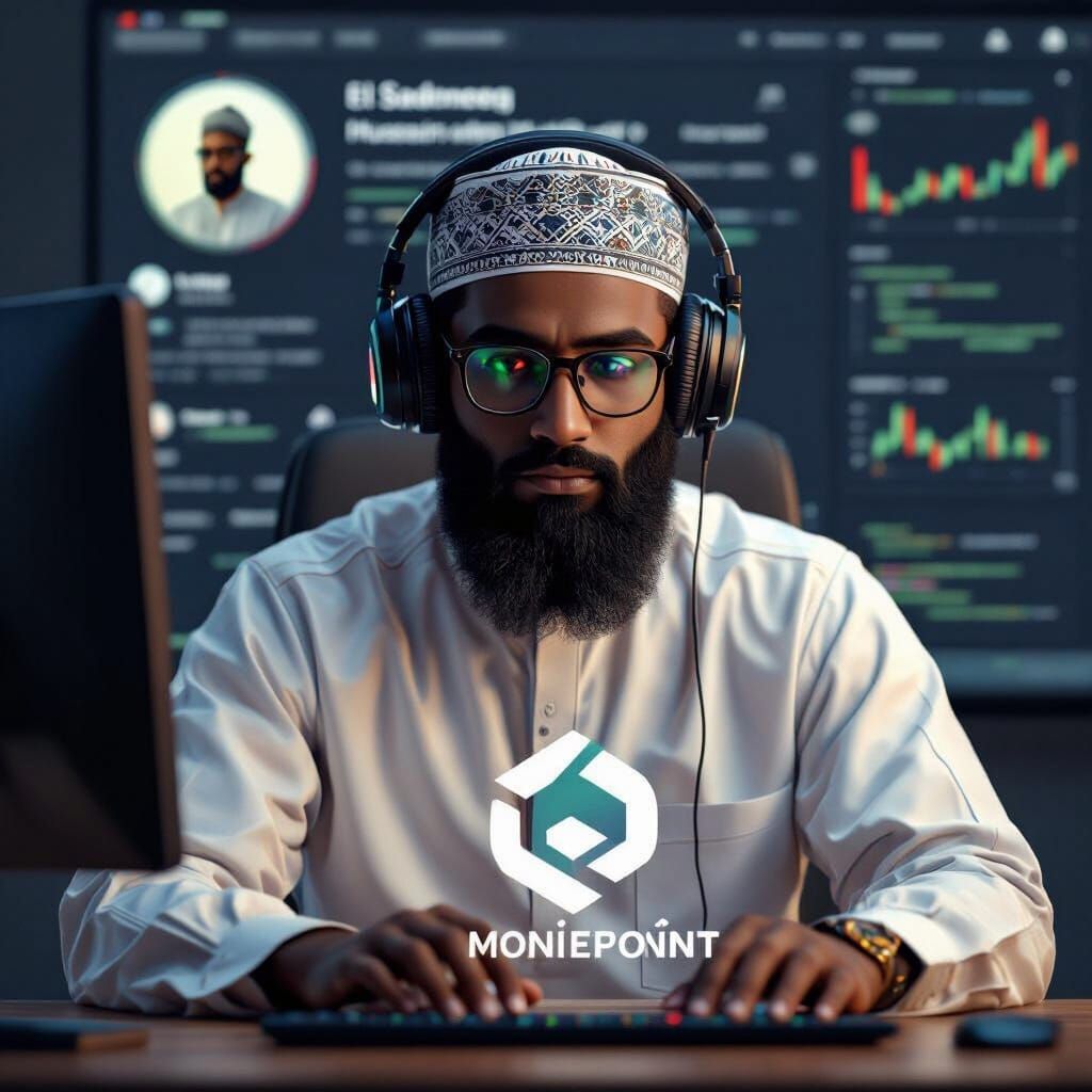 Bearded Developer in Hausa Attire with 3D Moniepoint Logo