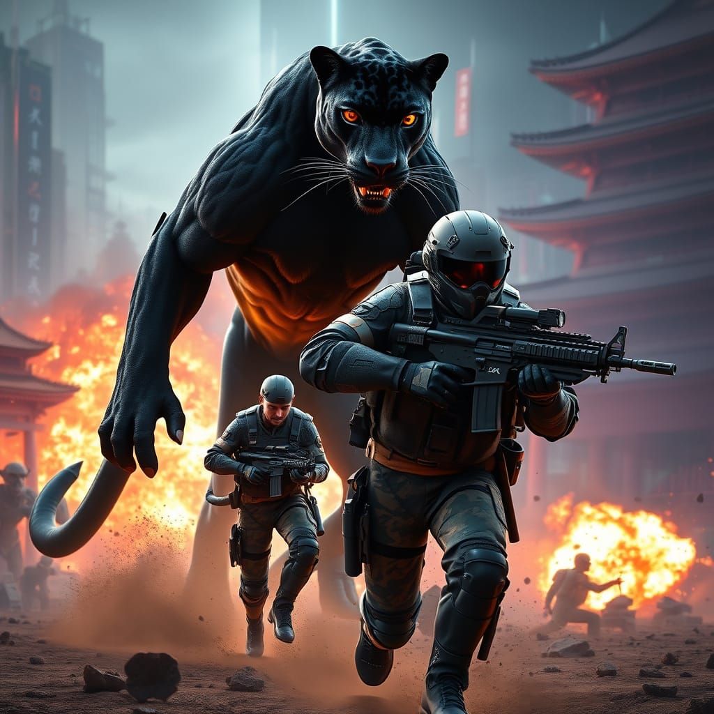 Cyberpunk Jaguar Warrior Protects Human Operative in Neon-Li...