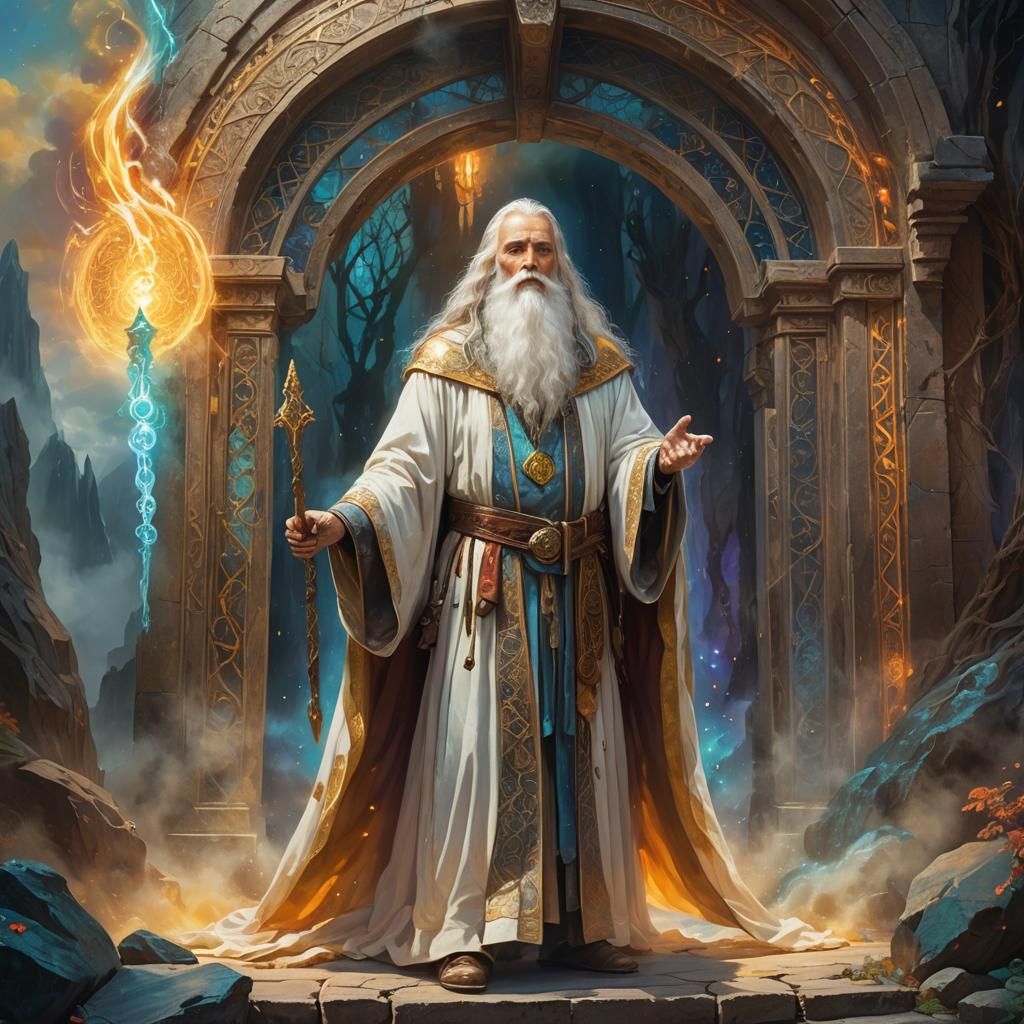 Mystical Wizard and Portal in Vibrant Oil Painting