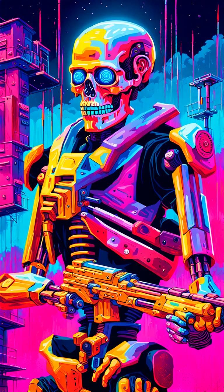 Psychedelic Neon Cyborg: Abstract AI Extermination Machine
