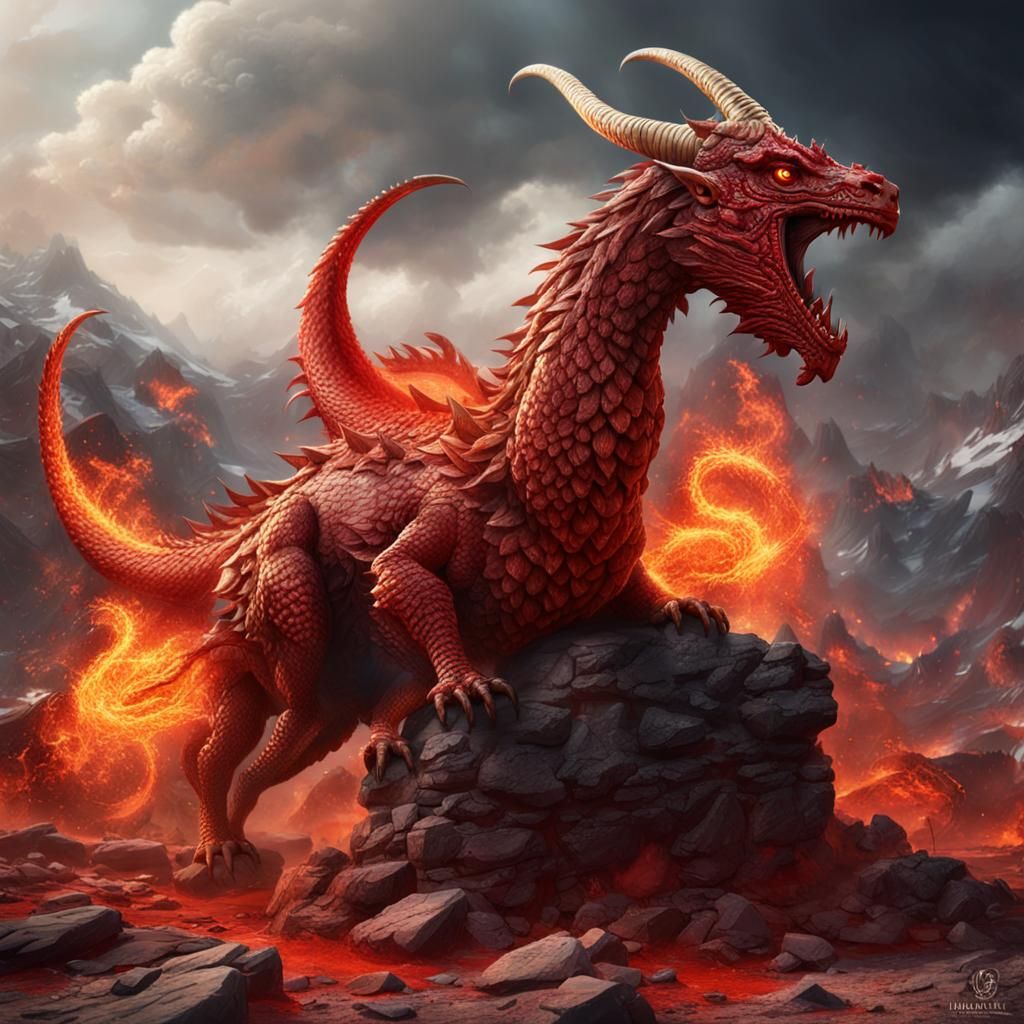 Fiery Aries Dragon with Ram Horns