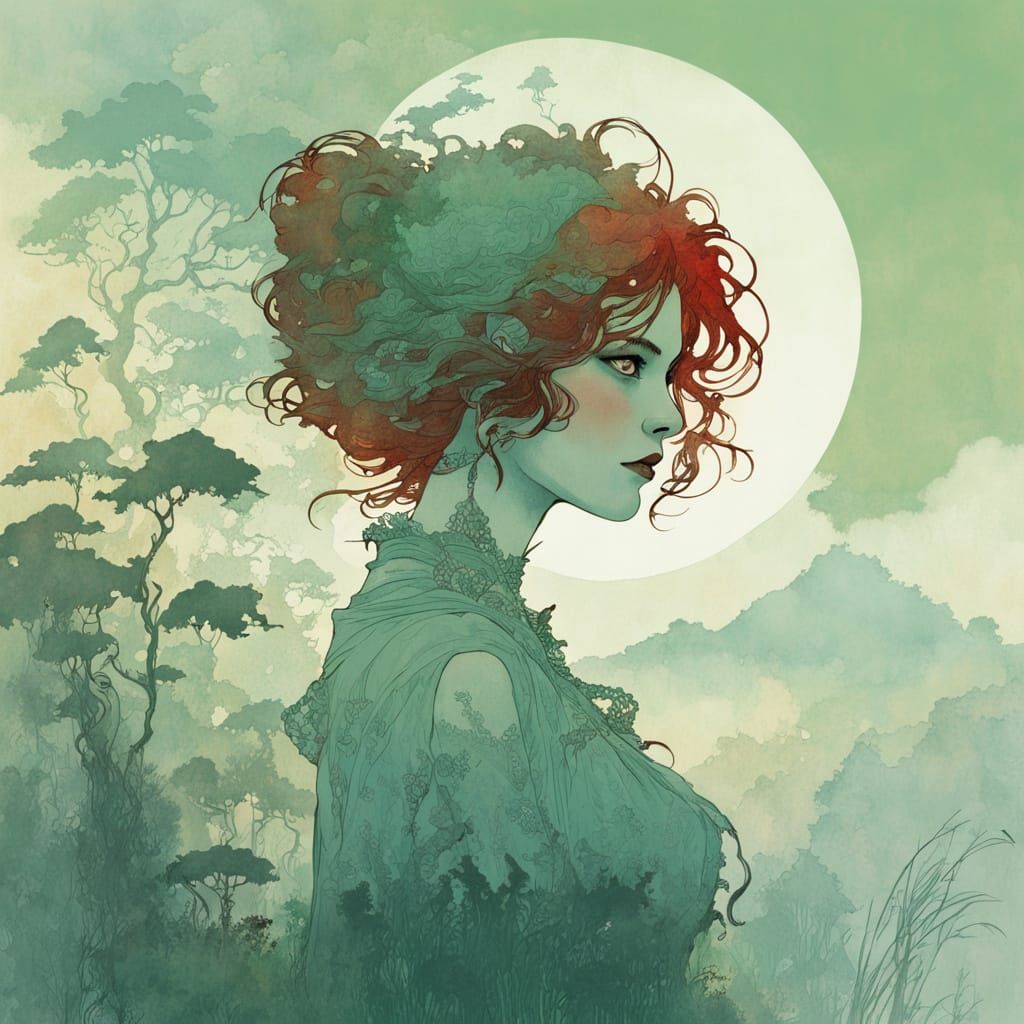 Silhouette in Fog with Green Eyes and Red Hair