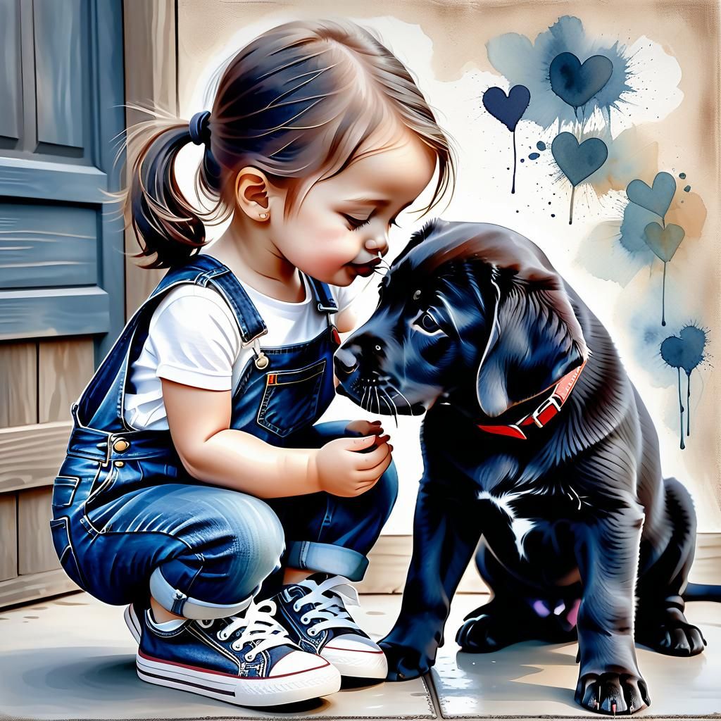 Girl Kissing Puppy in Watercolor Style