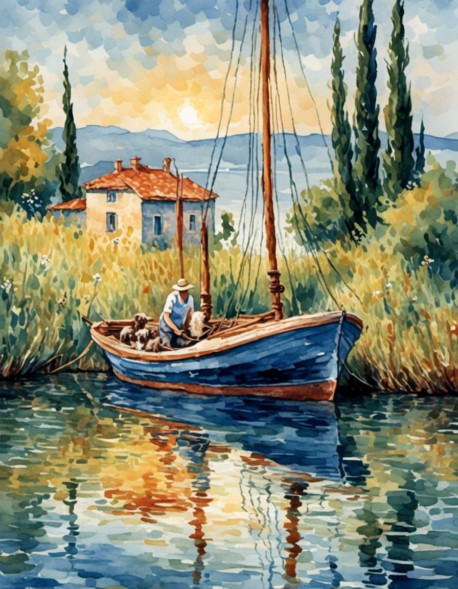 French Seaside Scene in Neo-Impressionistic Watercolor