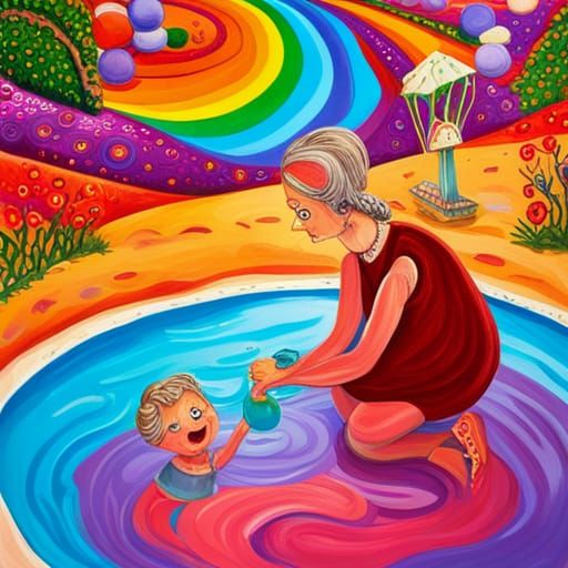 Grandmother and Granddaughter's Candyland Pool Adventure