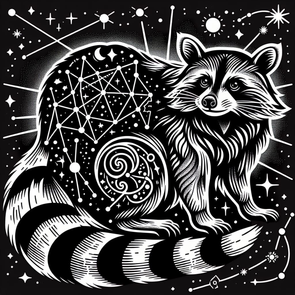 Space Raccoon. tattoo, woodcut. bold lines and strong contrast between light and dark areas.