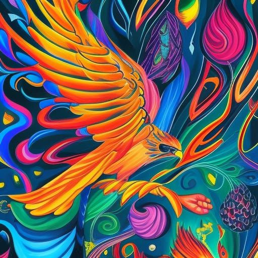 Firebird Ablaze in a Candyland Gouache Wonderland