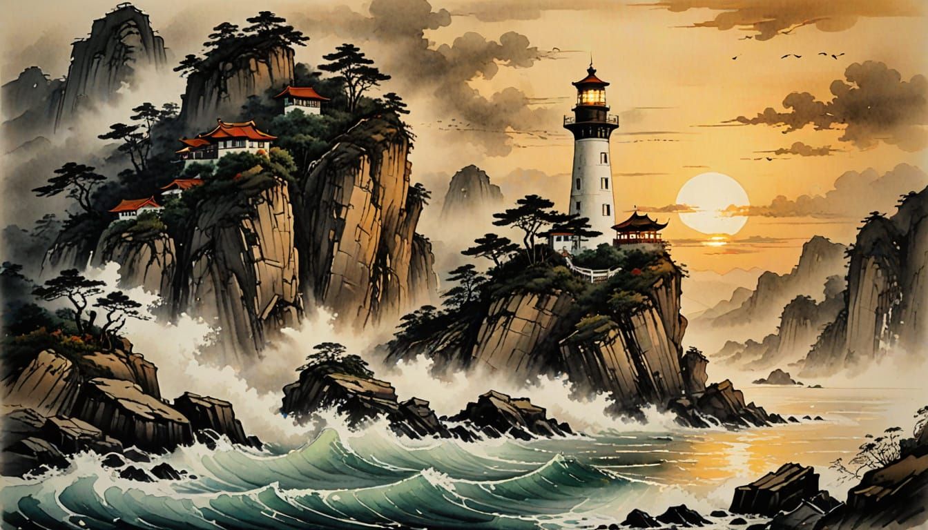 Lighthouse Sunset in Chinese Ink Painting Style