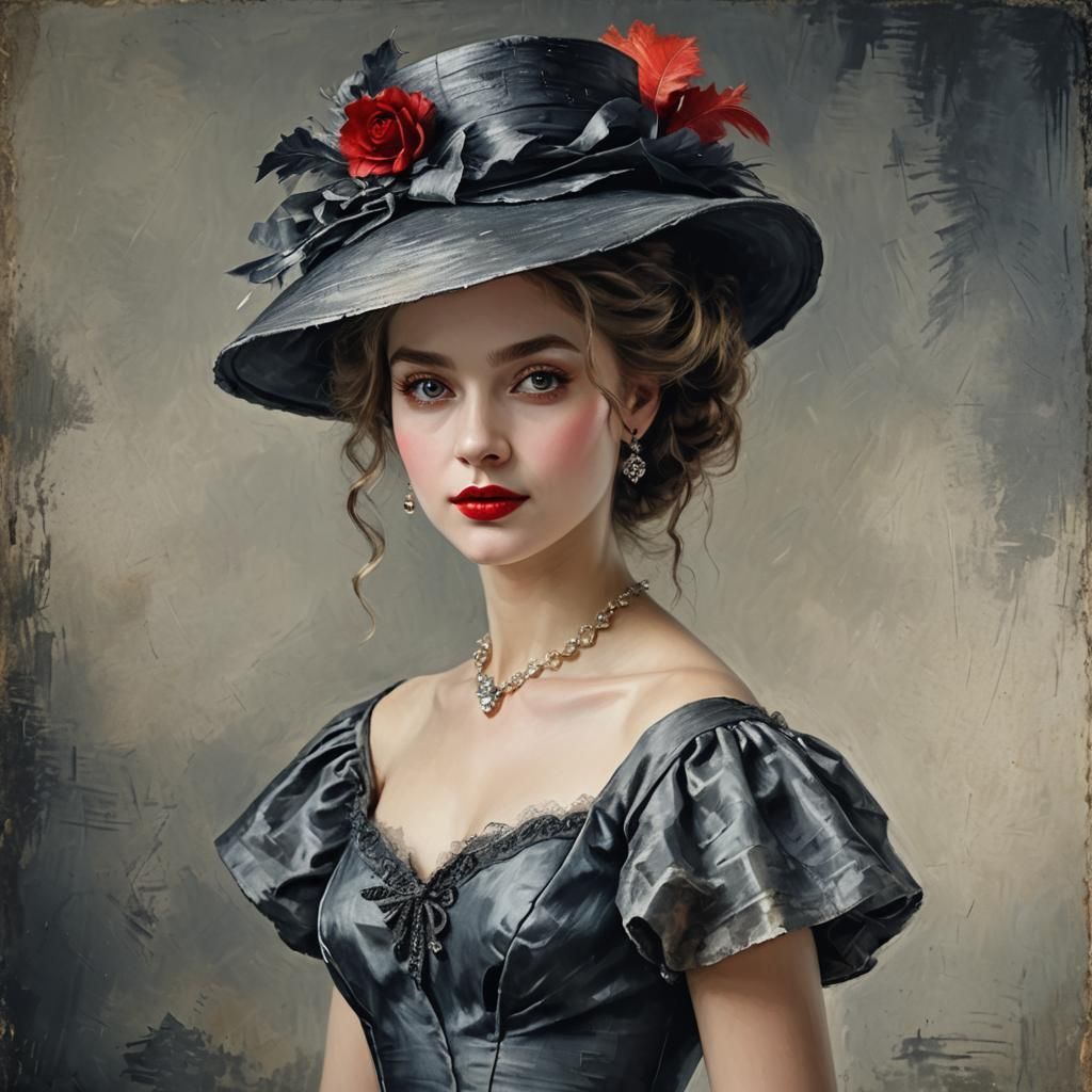 Elegant Woman with Red Lips in Rembrandt Style