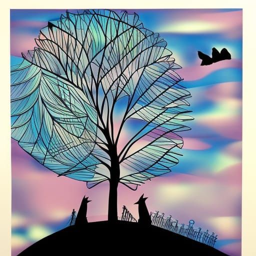 Birdcage Silhouette with Willow in Paper Cutting Style