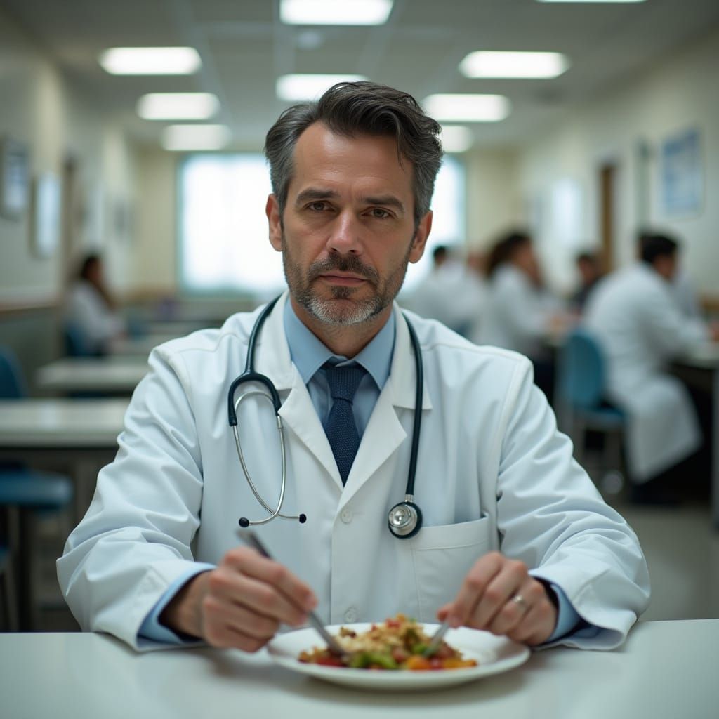 Doctor in Hospital Cafeteria, Shallow Depth of Field