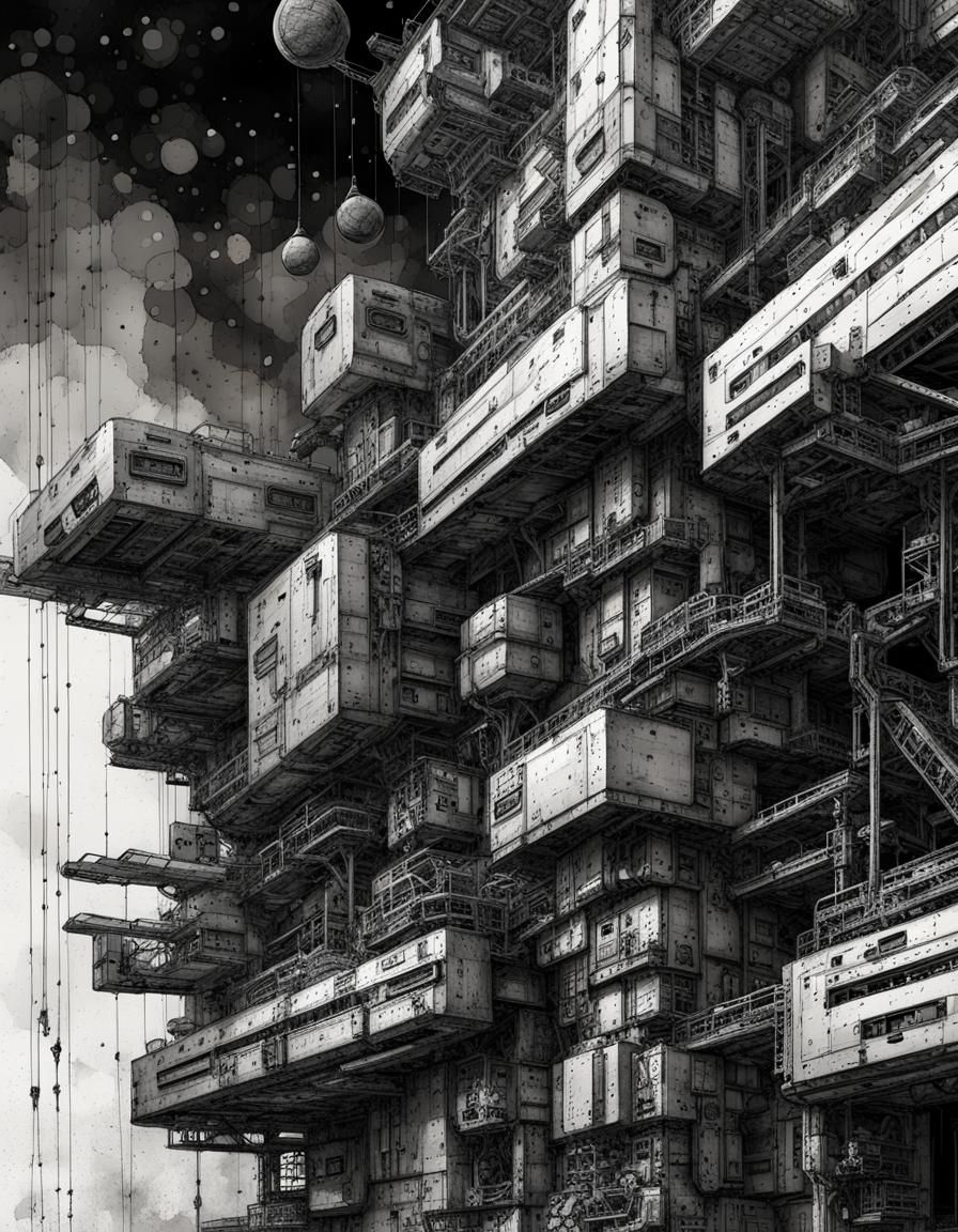 Sci-Fi Space Station Wall in Ink Painting Style