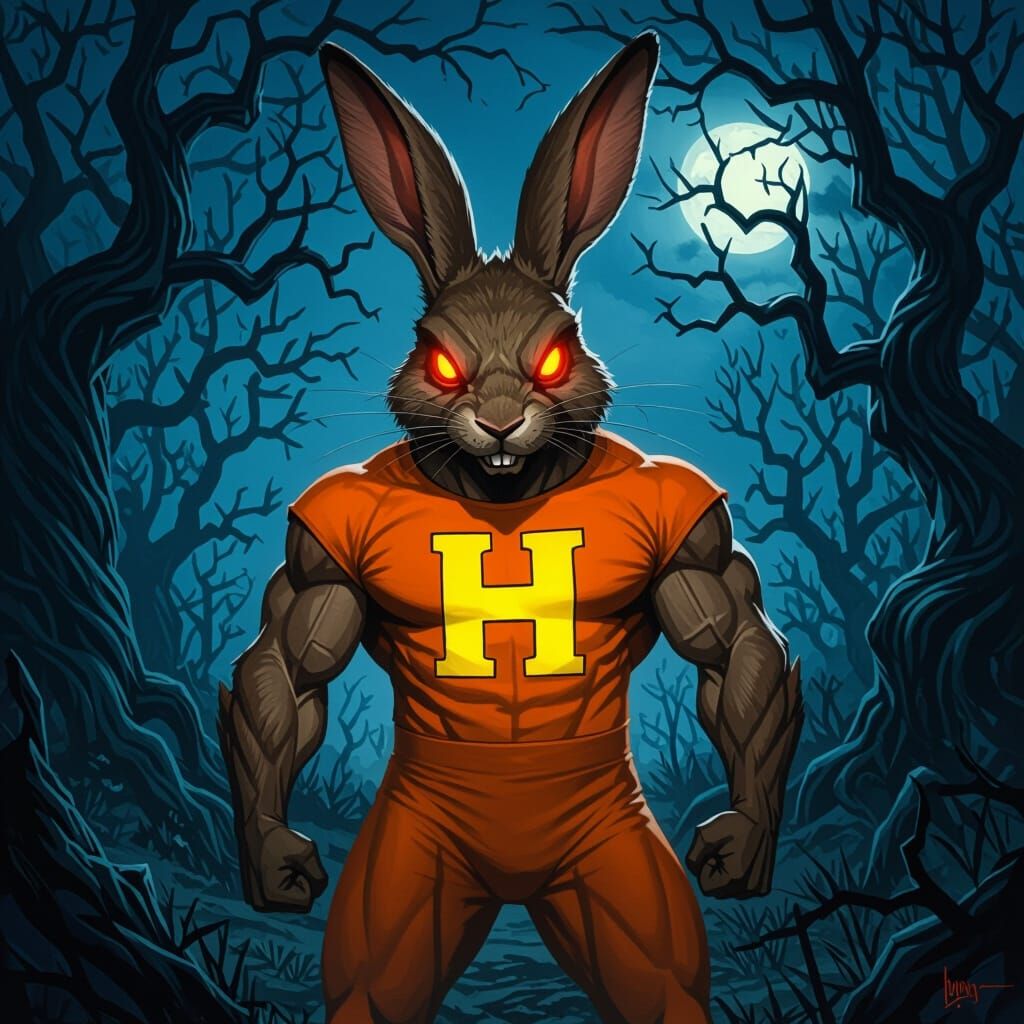 Menacing Muscular Hare in Orange Costume