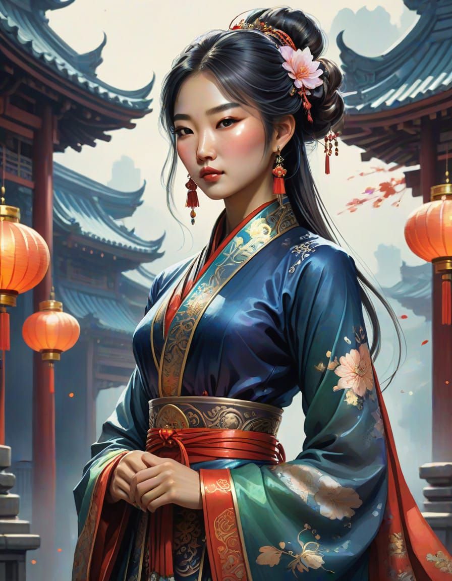 Elegant Oriental Princess in Whimsical Dark Fantasy Attire