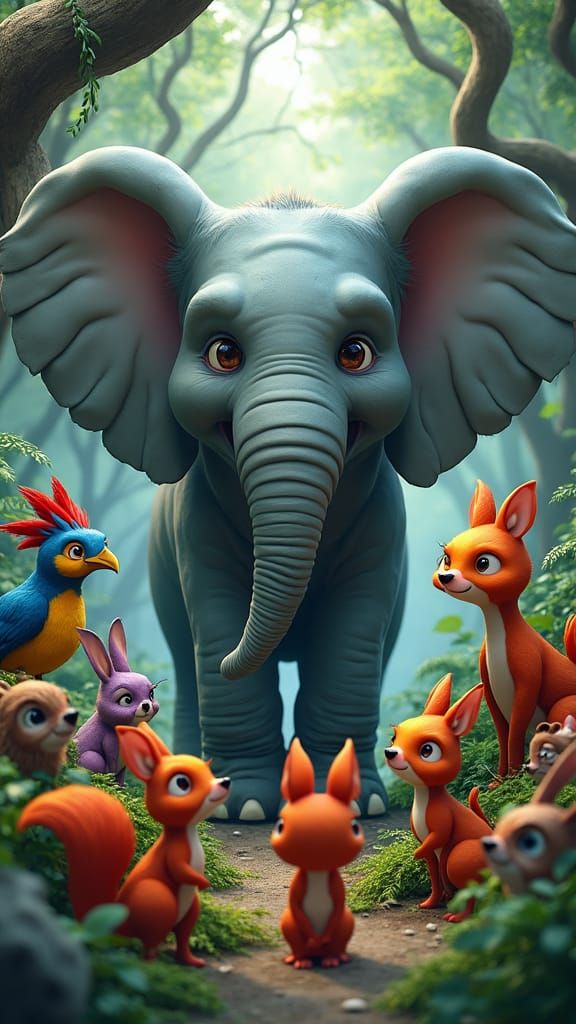 Concerned Forest Animals Gather Around Cartoon Elephant