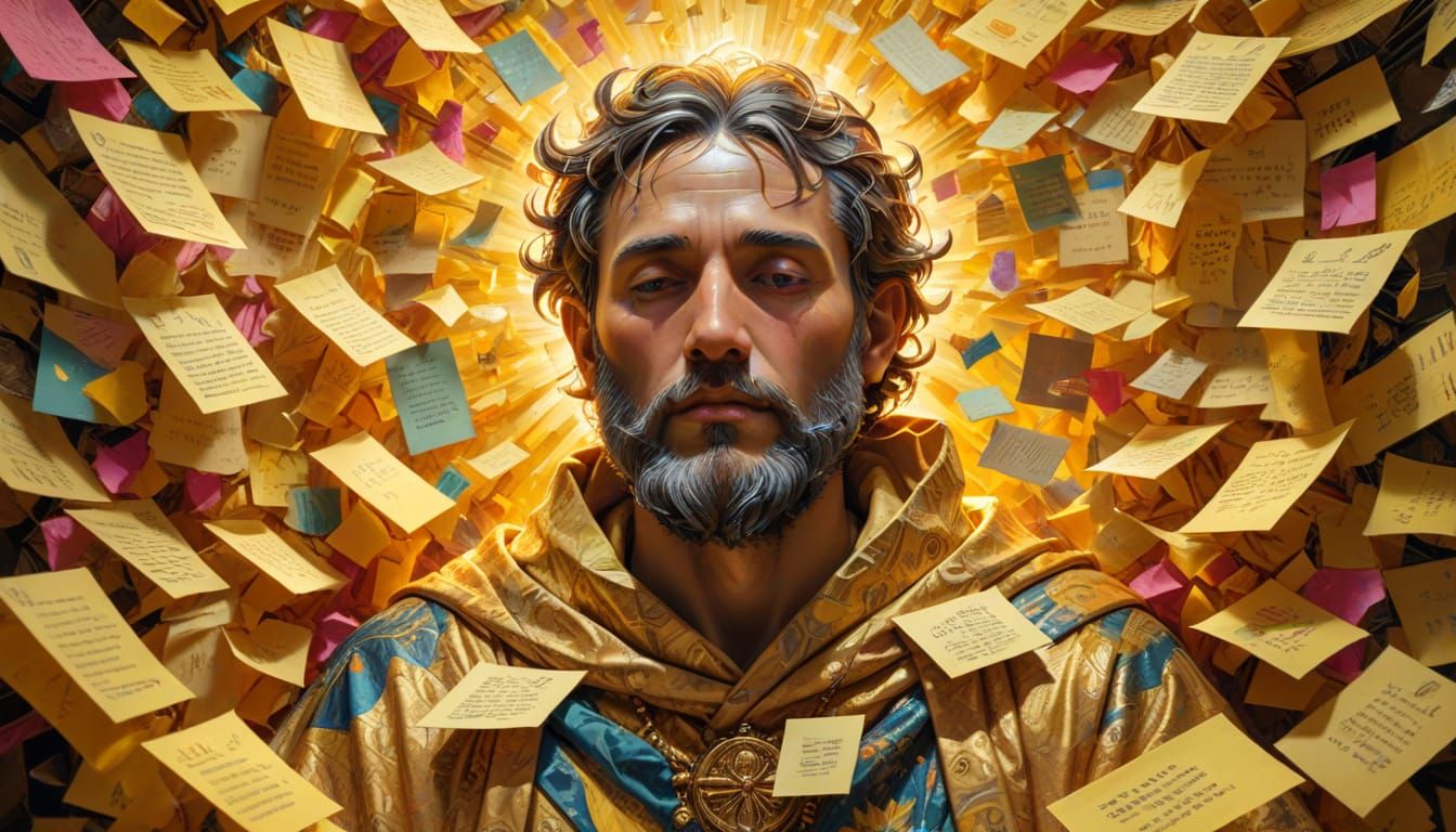 Surreal Oil Painting of God with Post-it Notes