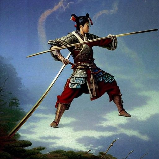 Vitruvian Samurai Man with Flaming Katana