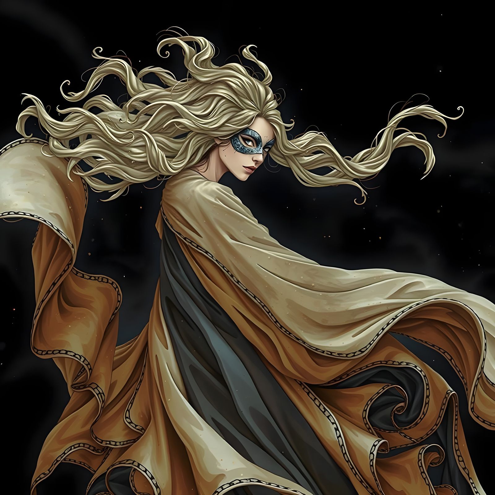 Mysterious Masked Woman in Flame Drapery